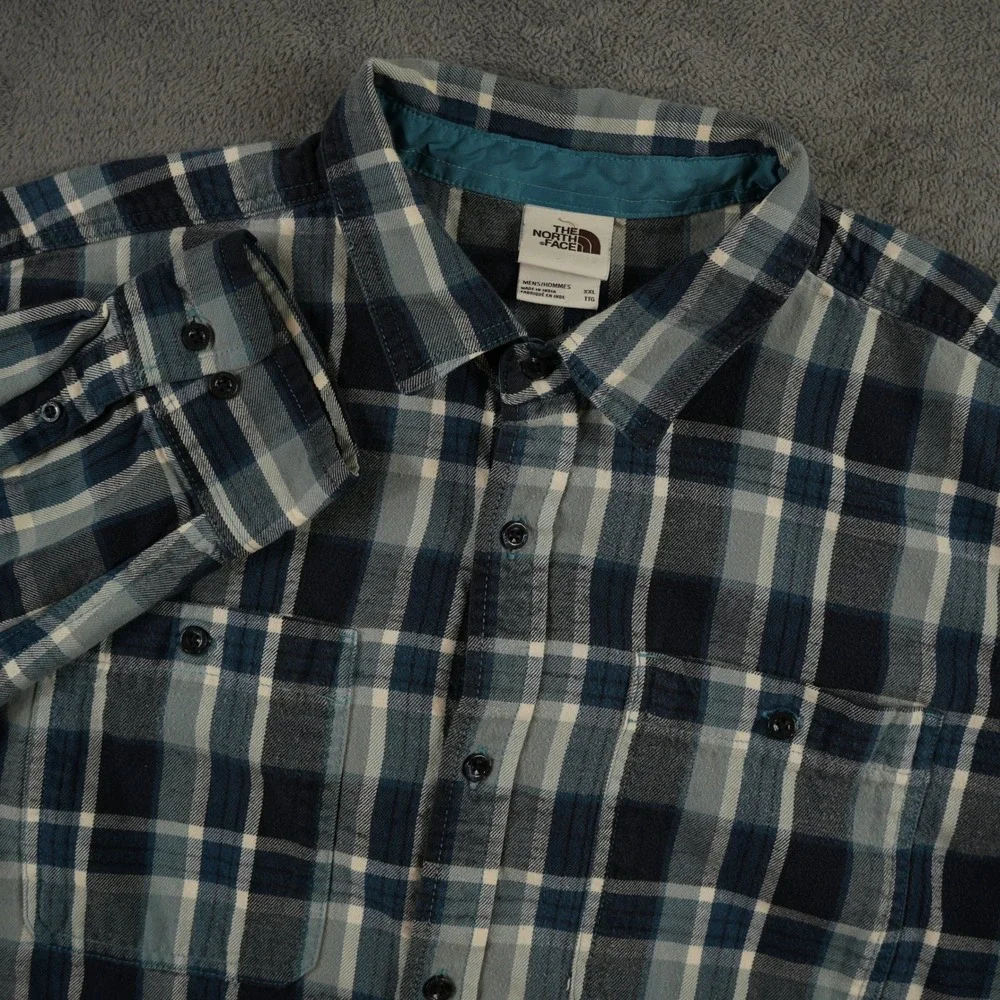 The North Face Flannel Shirt Mens XXL‎ Blue Plaid Long Sleeve Button Down
